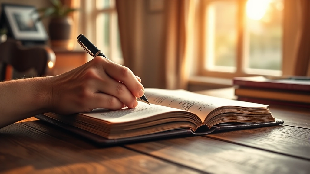 Close-up of hands writing in an open leather-bound journal with a fountain pen on a wooden desk, morning sunlight streaming through a window, peaceful home setting