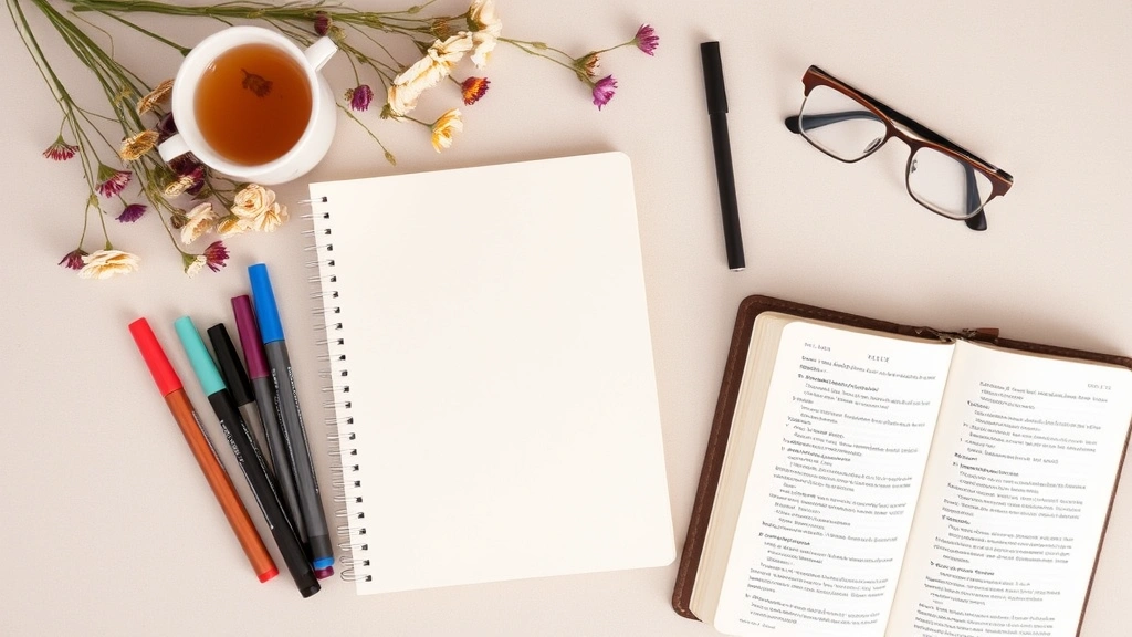 Flat lay of prayer journal supplies arranged on a neutral background: blank journal, quality pens in various colors, dried flowers, tea cup, reading glasses, and an open Bible