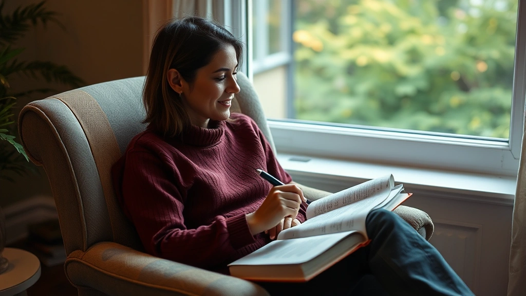 Person sitting in a cozy armchair by a window with journal open on lap, peaceful expression, warm lighting, comfortable home interior, holding pen thoughtfully