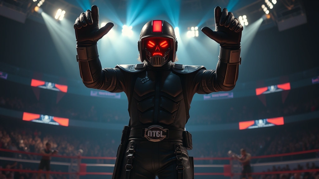 Player character wearing legendary Dave Glove standing victoriously in an arena with defeated opponents in background, dramatic lighting and digital effects