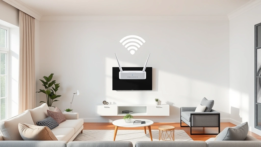 Modern WiFi router mounted on white wall in bright living room with optimal central placement, no surrounding obstacles, professional home setup