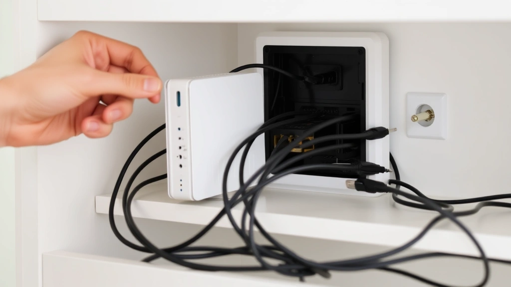 Person plugging modem and router cables back in after power cycle restart, hands adjusting power cords, organized cable management