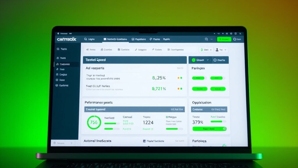 Laptop screen displaying internet speed test results with high download speeds, showing green indicators and performance metrics clearly visible