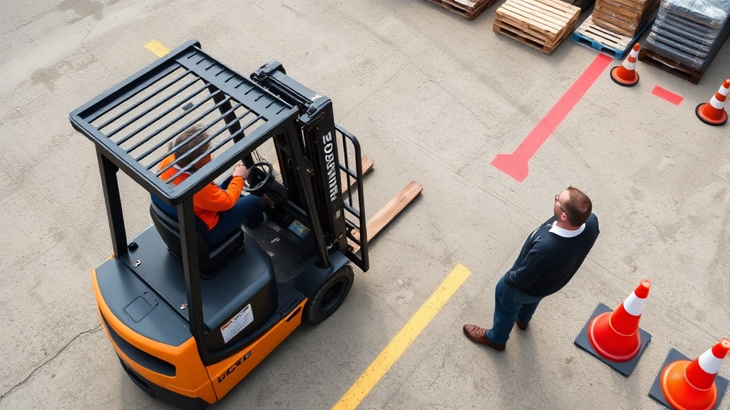 Overhead view of forklift training course showing orange traffic cones, wooden pallets, and marked lanes in an outdoor training facility with instructor observing