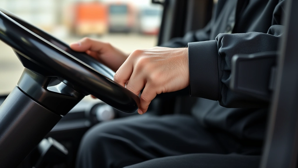 Close-up of hands on forklift control levers and steering wheel, showing proper hand positioning and ergonomic operation technique in the operator's cabin
