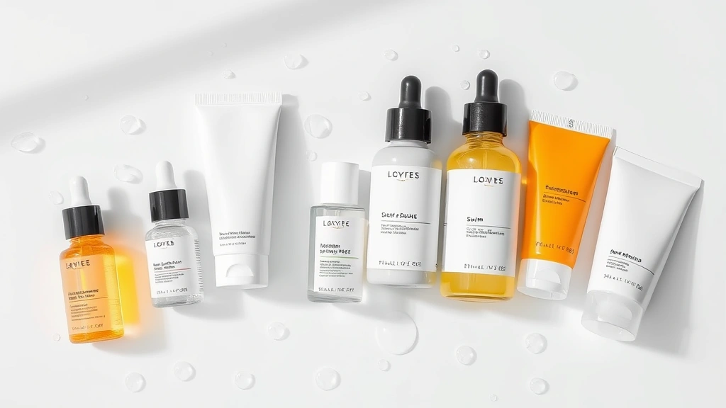 Organized skincare routine products including serums, moisturizers, and sunscreen arranged on a clean white surface with water droplets, showing professional skincare collection