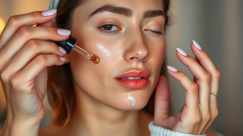 Woman performing nighttime skincare routine applying serum to her face with dropper, showing proper application technique and skincare dedication