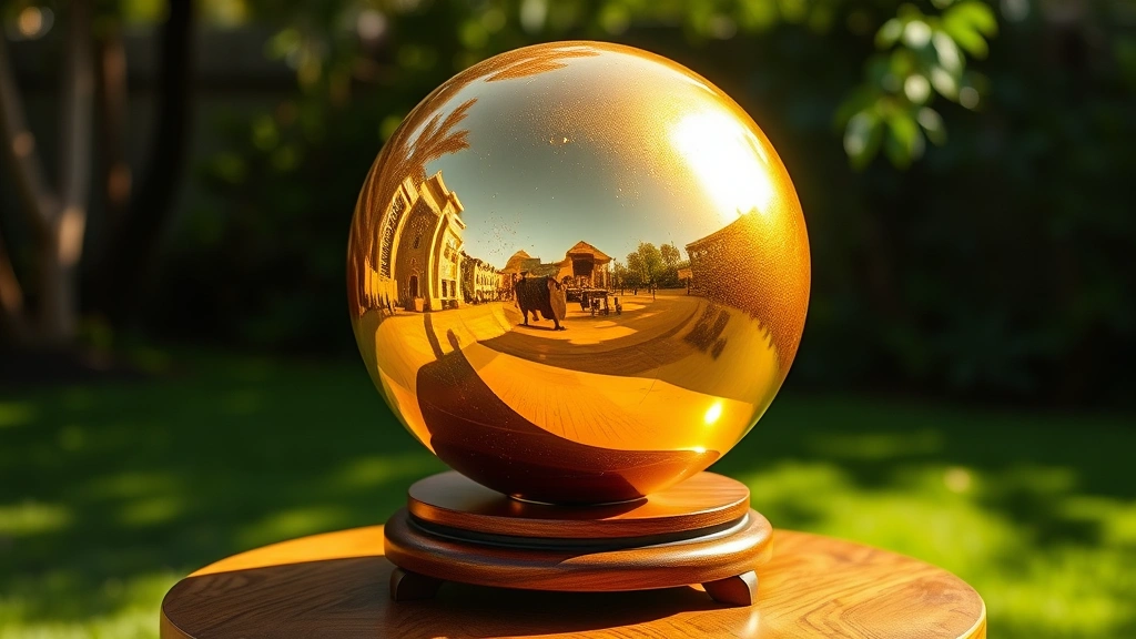 Finished golden sphere displayed on a decorative wooden stand in natural sunlight, showing the lustrous reflective surface and warm golden finish catching light beautifully