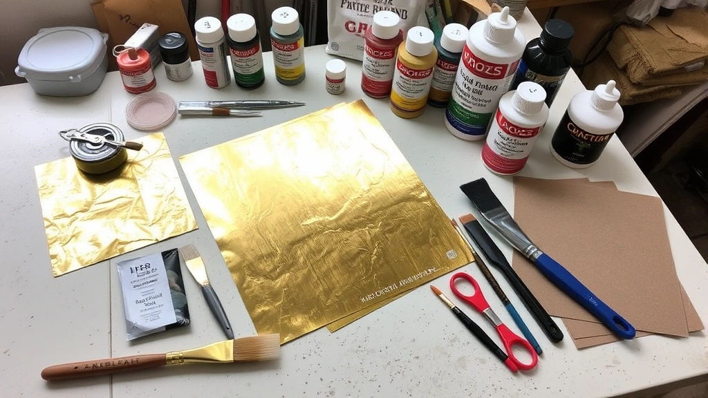 Workspace setup showing various finishing materials including gold leaf sheets, metallic paints, brushes, sealant bottles, and sandpaper arranged on a clean work surface