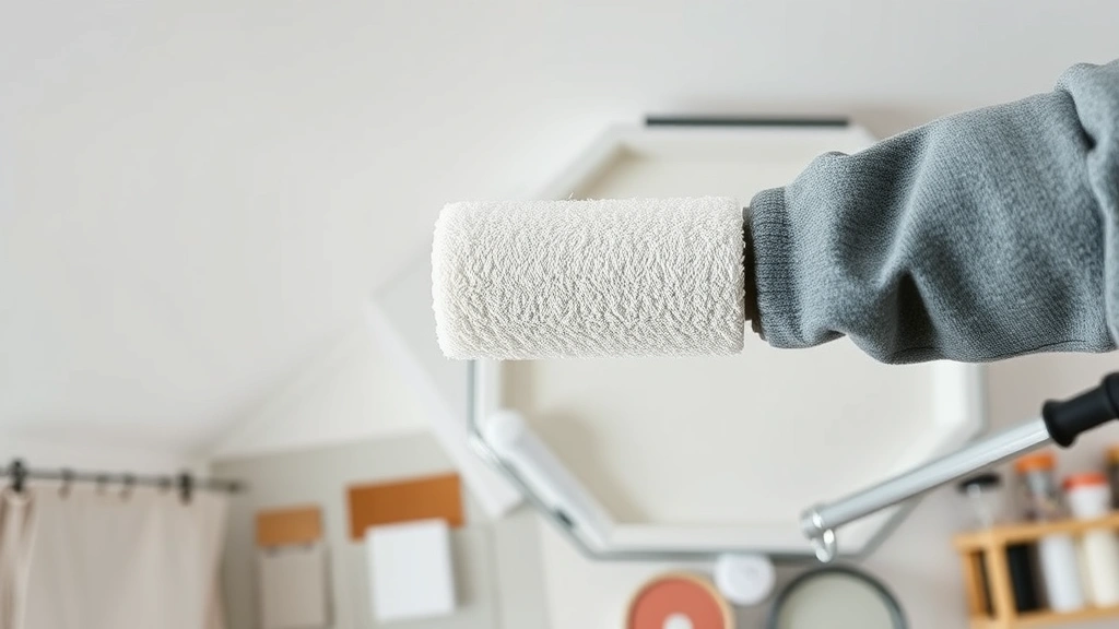 Overhead view of paint roller with medium nap sleeve saturated in paint tray, extension pole attached, white walls in background ready for painting, organized workspace