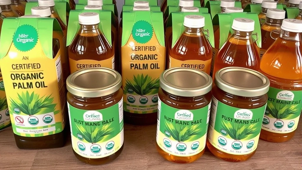 Certified organic and sustainable palm oil product containers displayed with certification badges visible but no readable text, arranged on wooden surface