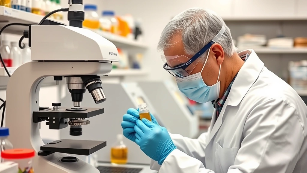 Laboratory technician performing quality testing on palm oil sample with analytical equipment, professional lab setting, focused on testing process