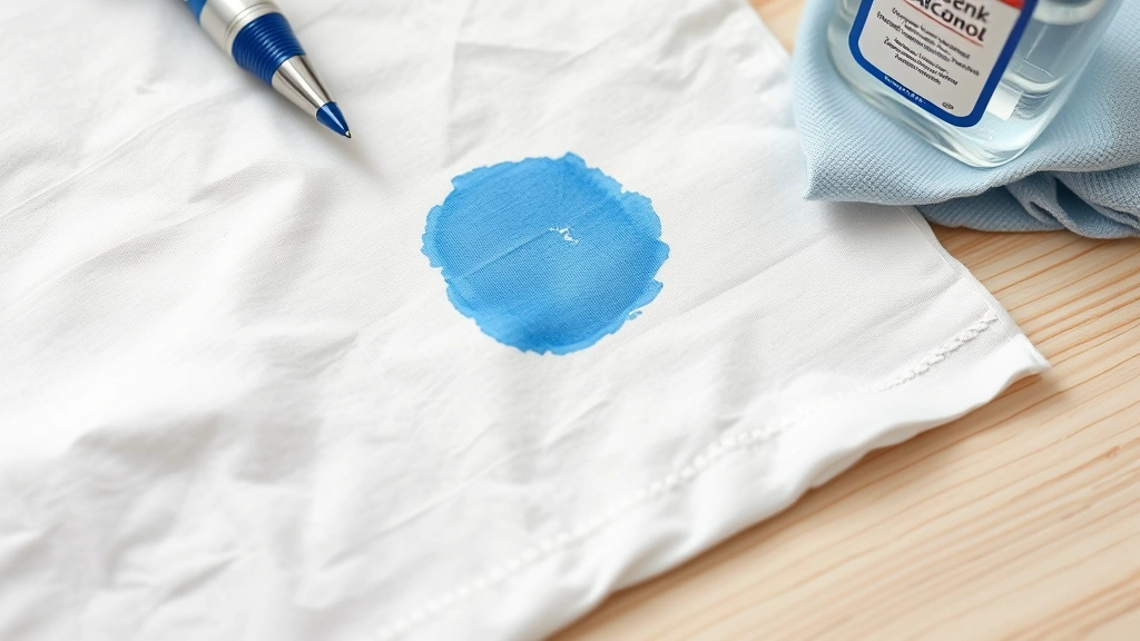 Close-up of white cotton fabric with fresh blue ballpoint pen ink stain in the center, with a cloth and bottle of rubbing alcohol nearby on a light wooden surface