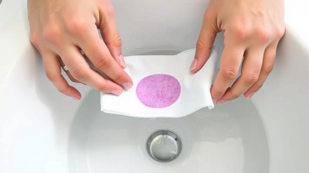 Hands gently blotting a purple gel pen stain on light blue fabric with a white cloth over a sink with cool running water, showing proper stain removal technique