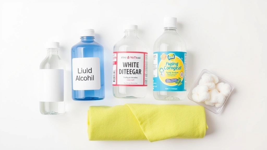 Flat lay arrangement showing various stain removal supplies including rubbing alcohol, glycerin, white vinegar, liquid detergent, and natural cotton cloths on a clean white background
