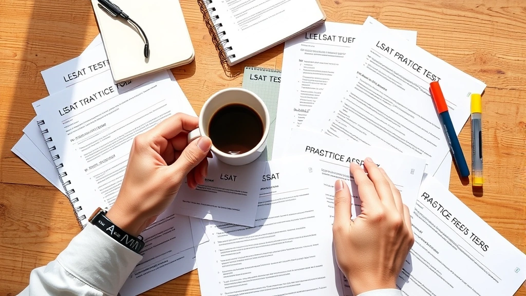 Close-up of hands holding LSAT study materials and practice tests spread across a wooden desk with coffee cup, notebook, and highlighter markers in natural daylight