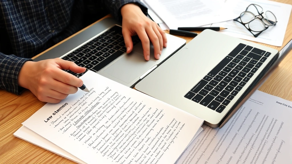 Law student typing on laptop while referencing handwritten notes about personal statement drafts, with law school acceptance letters visible on desk in background