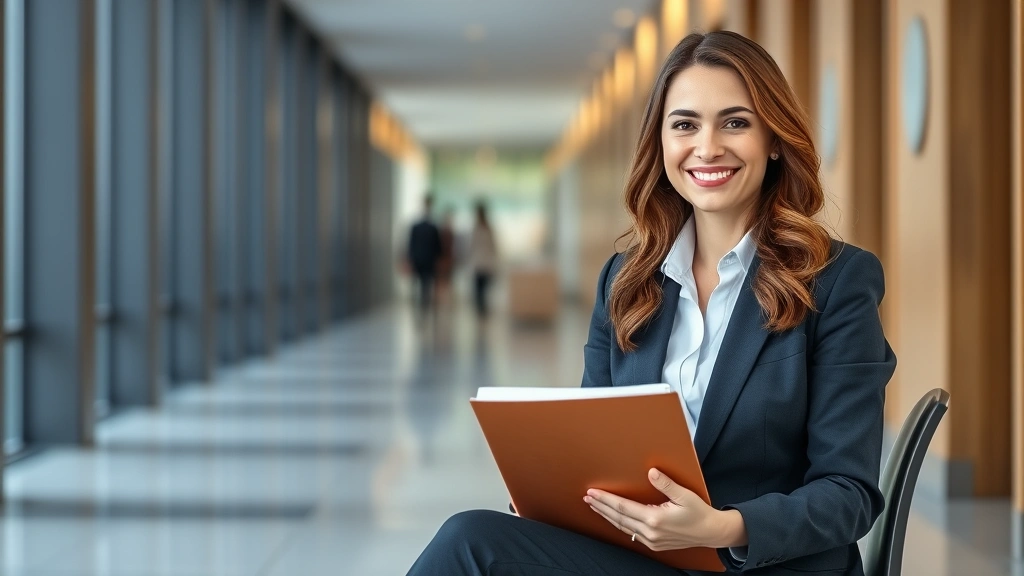 Professional woman in business attire sitting in law school building hallway or office, smiling confidently while holding portfolio, representing interview preparation success
