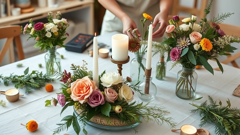 Close-up of someone arranging DIY wedding centerpieces with seasonal flowers, greenery, candles and simple vases on a craft table with supplies scattered around