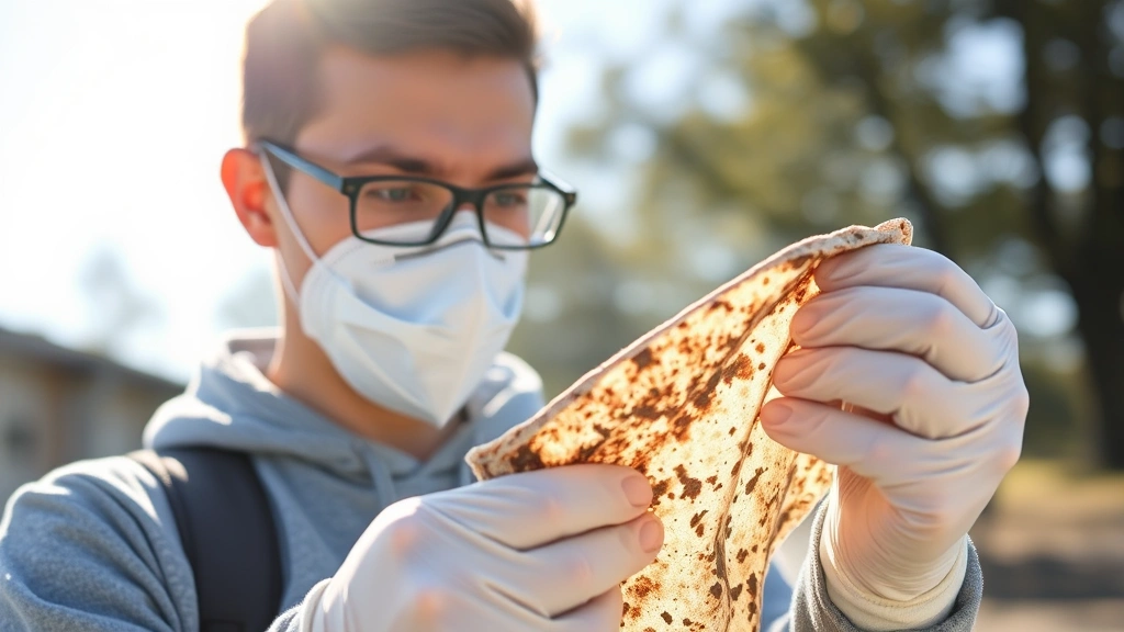 Person wearing protective N95 mask and gloves, holding moldy fabric garment outdoors in bright sunlight, examining discolored cloth with concentrated expression
