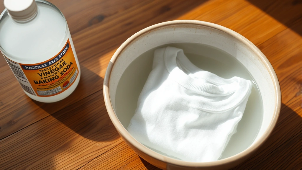White vinegar bottle and baking soda container next to submerged white cotton t-shirt in clear water in ceramic bowl on wooden table, natural lighting
