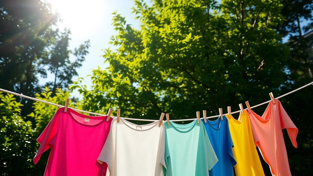 Colorful clothes hanging on outdoor clothesline in bright afternoon sunlight with green foliage background, fresh air drying with blue sky visible
