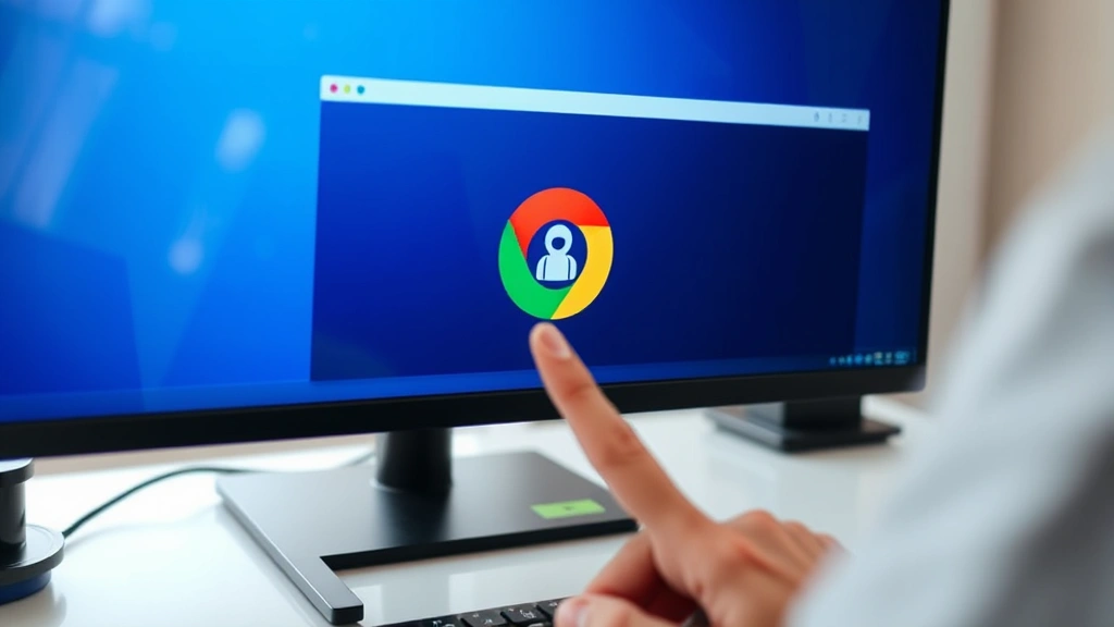 Close-up of computer screen showing Chrome incognito window with spy icon in corner, person's hand near trackpad, modern desk setup with monitor and keyboard