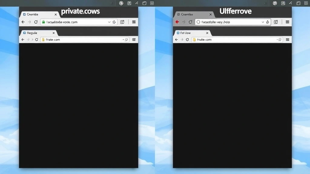 Split-screen comparison showing regular browser window and private browsing window side by side, highlighting visual differences between modes, desktop workspace