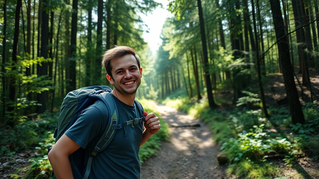 Person hiking on forest trail with backpack, surrounded by green trees and nature, sunlight through canopy, active outdoor activity, smiling face