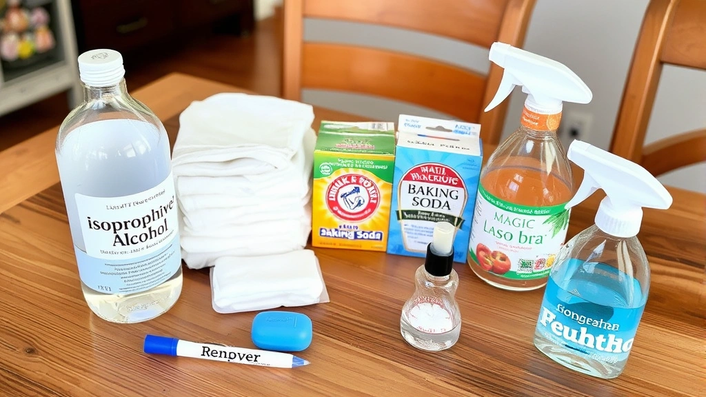 DIY home scene showing supplies for marker removal arranged on wooden table: bottle of isopropyl alcohol, magic eraser, cotton cloths, baking soda, nail polish remover, and spray bottle