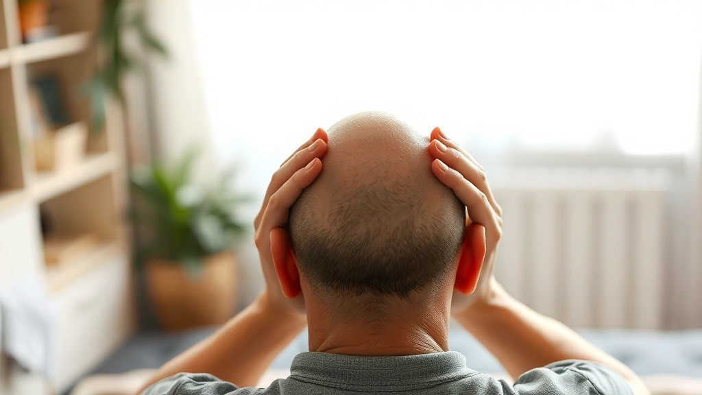 Person performing temple massage with fingers in relaxed position, soft lighting, hands near temples showing proper massage technique, calm home setting