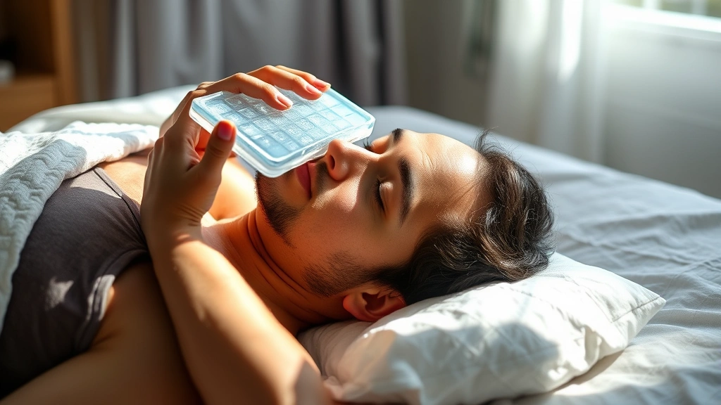 Cold compress applied to forehead of person lying down, ice pack wrapped in cloth, peaceful bedroom environment, natural daylight from window