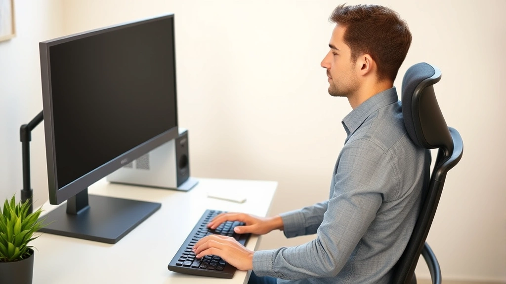 Person sitting with perfect posture at desk, shoulders relaxed, monitor at eye level, hands on keyboard in neutral position, ergonomic workspace setup