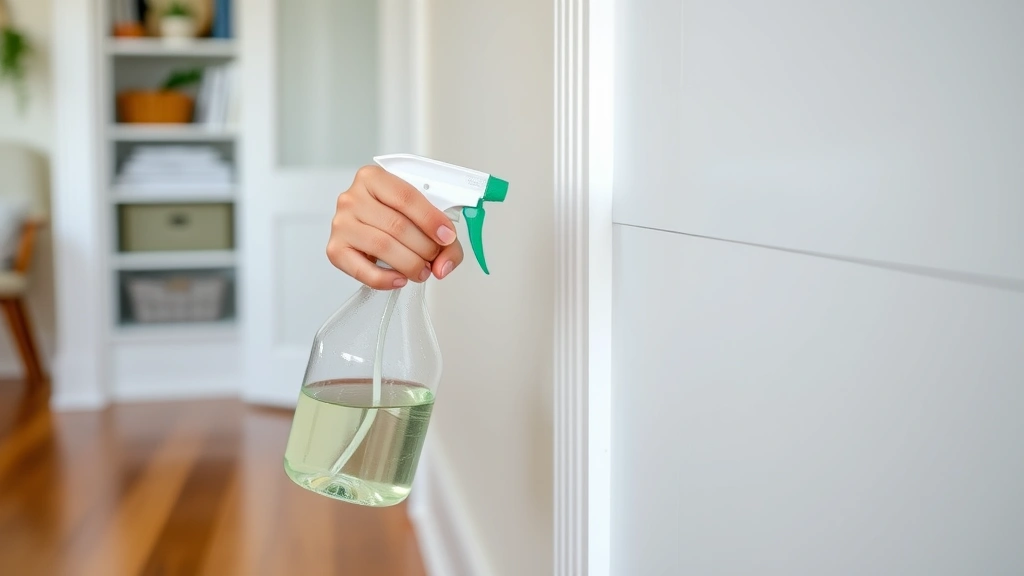Homeowner spraying peppermint essential oil solution along white baseboard trim with spray bottle, wooden floor visible, organized clean home interior