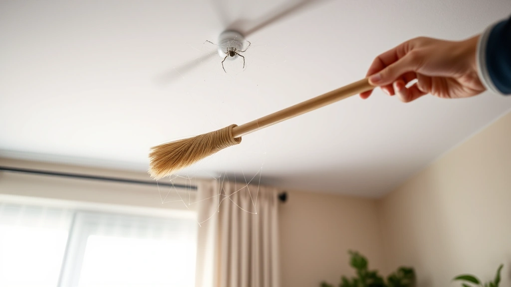 Person using long-handled broom to gently brush spider web from ceiling corner into dustpan, bright indoor lighting, tidy living room background