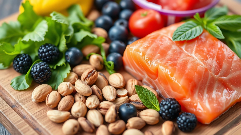 Close-up of healthy colorful foods on wooden cutting board including berries, salmon, nuts, and fresh vegetables representing nutritious diet for skin health