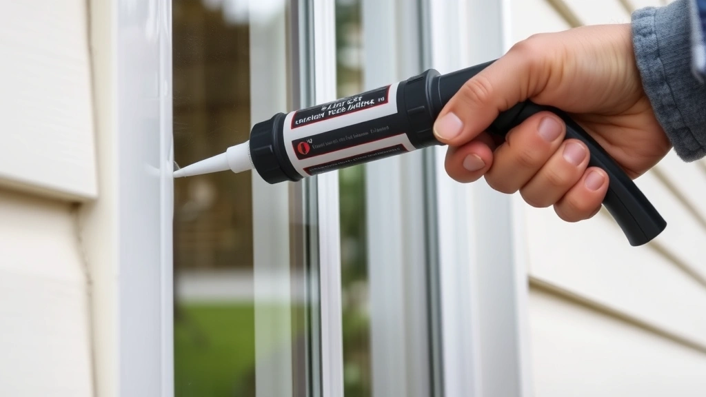 Homeowner using a caulking gun to seal a window frame gap with silicone caulk, demonstrating proper sealing technique for beetle prevention, hands and tools clearly visible