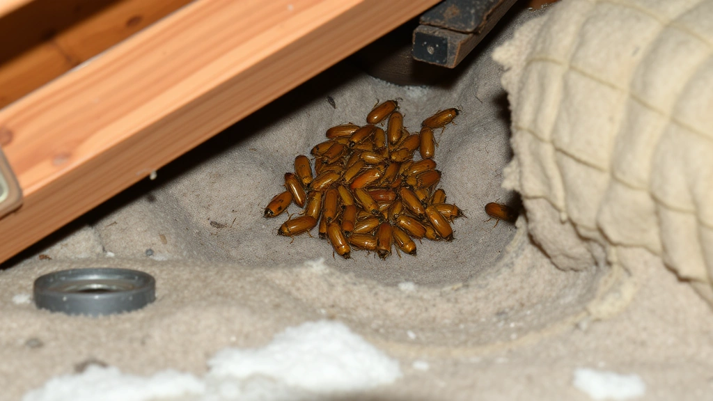 Interior attic space with visible insulation and wooden beams, showing a cluster of yellow-orange beetles congregating in corner areas during winter hibernation season