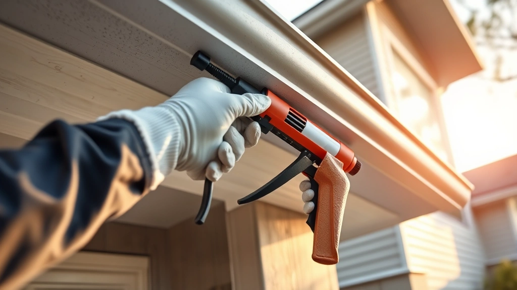 Person wearing thick gloves and protective gear sealing gap around roof soffit with caulk gun, modern residential home exterior, afternoon lighting