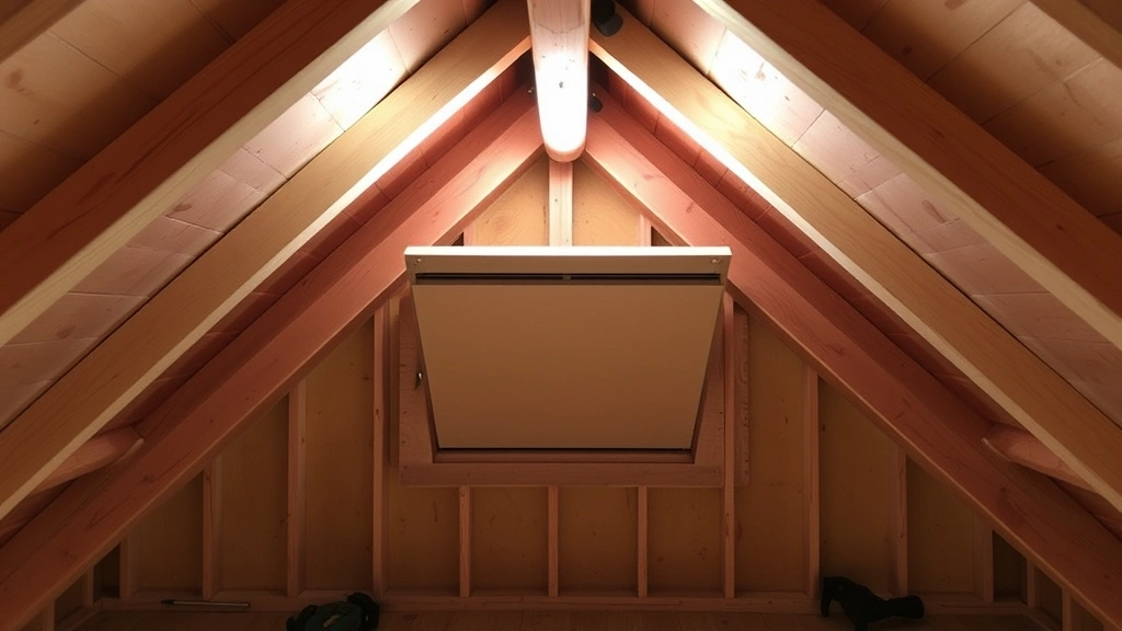 Interior attic space showing installed one-way exclusion door over vent opening, wooden rafters visible, installation in progress with tools nearby