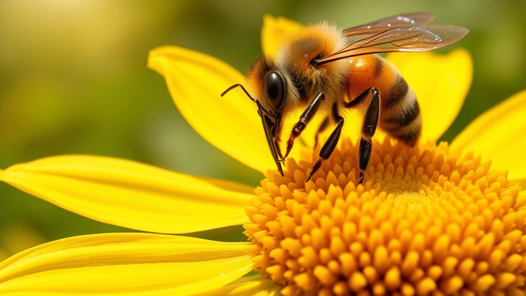 Close-up of honeybee on yellow flower with pollen baskets visible, natural sunlight, macro photography style, outdoor garden setting