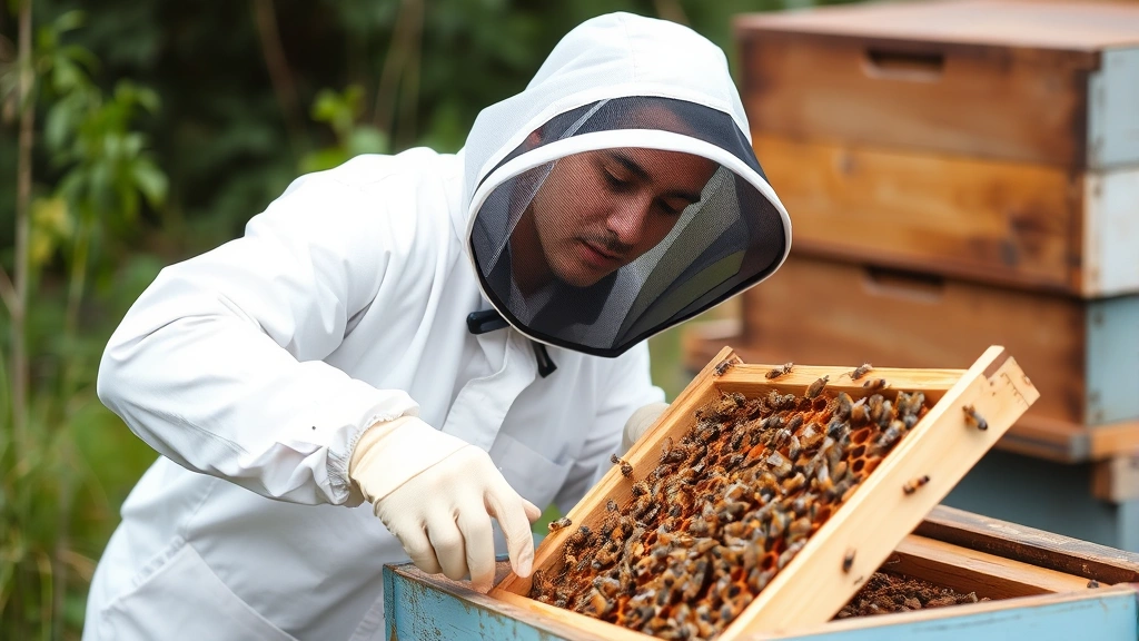 Beekeeper in protective white suit and veil examining wooden hive frame with honeycomb and bees, professional apiary equipment visible