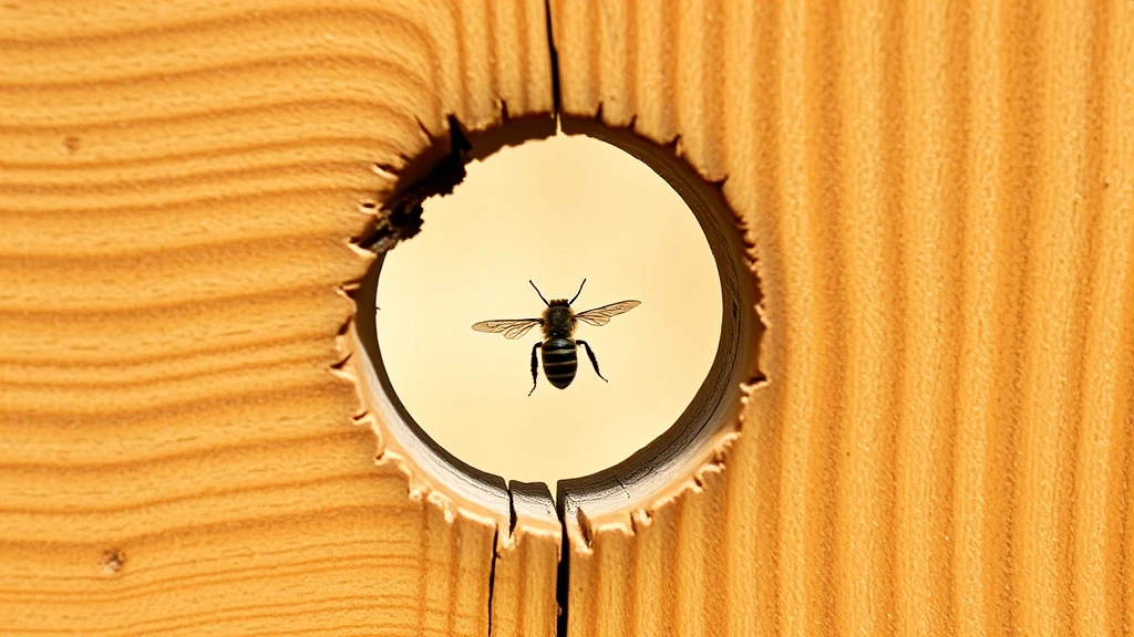 Carpenter bee hole in unpainted wooden deck railing, perfectly round entrance tunnel, natural wood texture, daylight photography