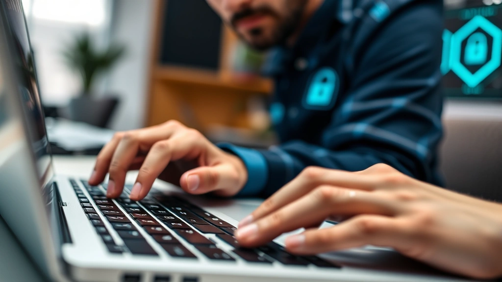 Close-up of hands typing on a laptop keyboard with a serious expression, representing cybersecurity and digital threat response, office environment with security elements visible