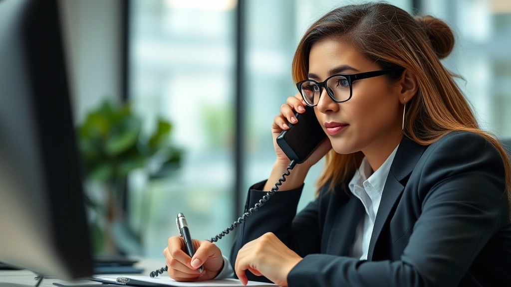 Person on a phone call in a professional setting, appearing calm and confident while taking notes, representing communication with authorities and legal professionals