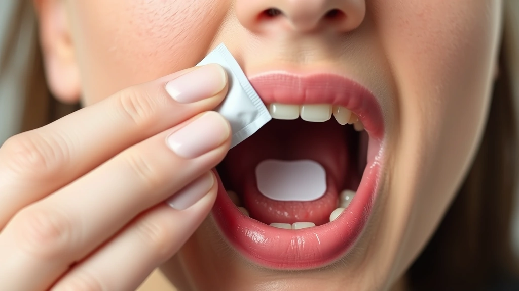 Person applying protective oral patch to inside of mouth, showing application technique, clear view of patch placement on canker sore area