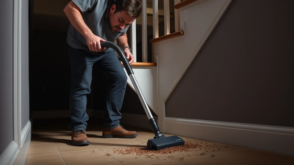 Homeowner using vacuum cleaner with hose attachment to remove crickets from dark corner under basement stairs