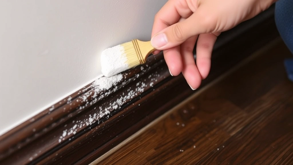 Hands applying diatomaceous earth powder along baseboard with small brush, white powder visible on dark wood trim