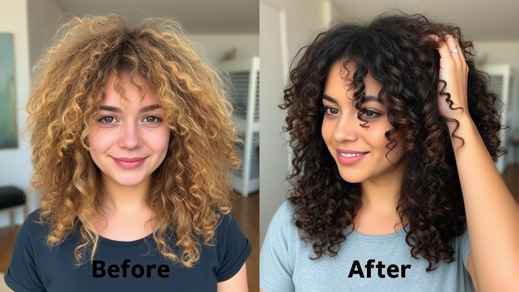 Before and after comparison of frizzy curly hair transformed to smooth defined curls, woman touching her hair showing the improved texture and shine
