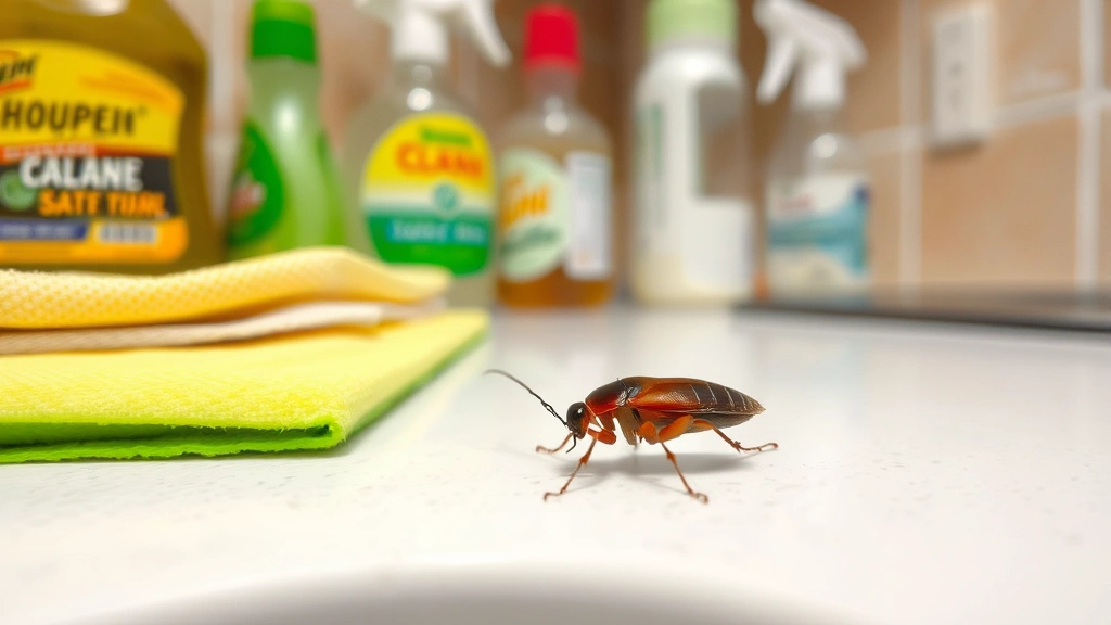 Close-up view of German cockroach on kitchen counter surface next to cleaning supplies, dish sponge, and spray bottle, showing pest in typical home environment